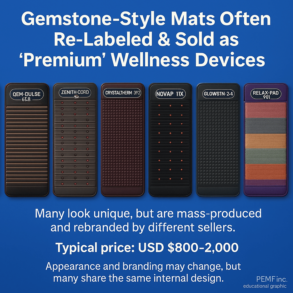 PEMF wellness mats comparison showing gemstone-style mats often re-labeled as premium devices. Educational image with watermark © PEMF.inc – Authentic German PEMF Systems.