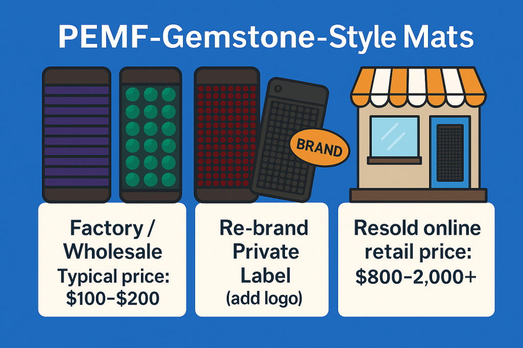PEMF gemstone-style mats shown in three stages – factory wholesale, rebrand, and retail markup. Educational image by PEMF.inc comparing imported mats versus authentic German PEMF systems.