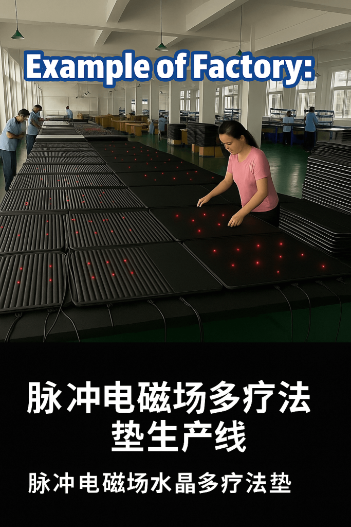 Factory assembly line producing PEMF red-light and crystal therapy mats
