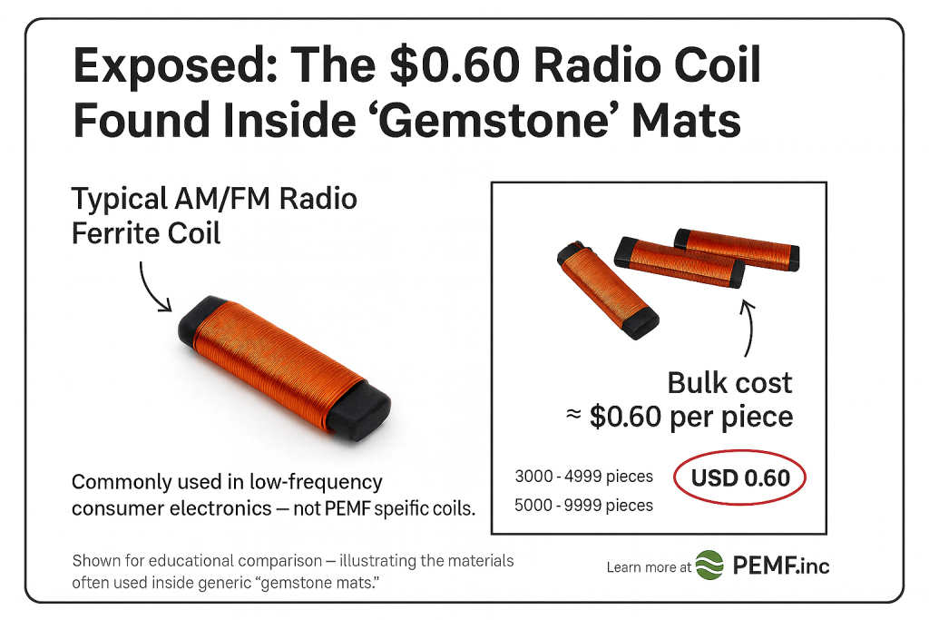 Educational graphic showing $0.60 radio ferrite coils used in generic PEMF gemstone mats
