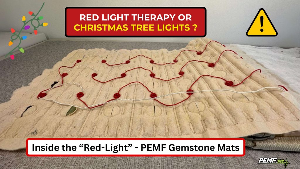 PEMF.inc review questioning low-quality red light gemstone mats showing basic LED lights inside wellness mat