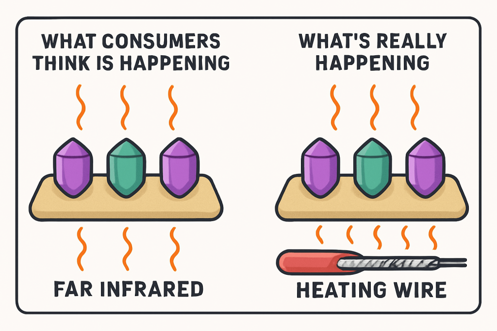 “Illustration showing difference between far infrared and heating wire in gemstone mats – educational PEMF image by PEMF.inc”