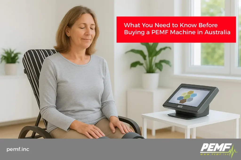 PEMF therapy machine with a touchscreen interface, placed on a white table in a modern wellness clinic