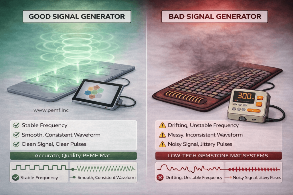 Comparison diagram showing a stable PEMF signal generator versus an unstable signal generator used in low-quality gemstone mats