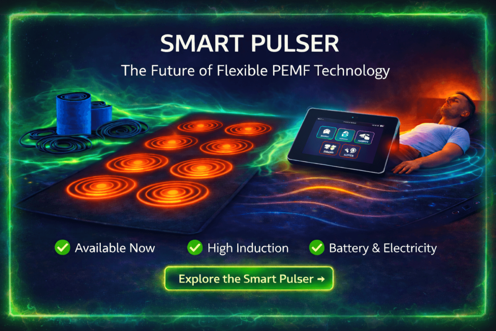 Smart Pulser PEMF system with flexible 8-coil mat, touchscreen controller and wireless applicators – high induction PEMF technology