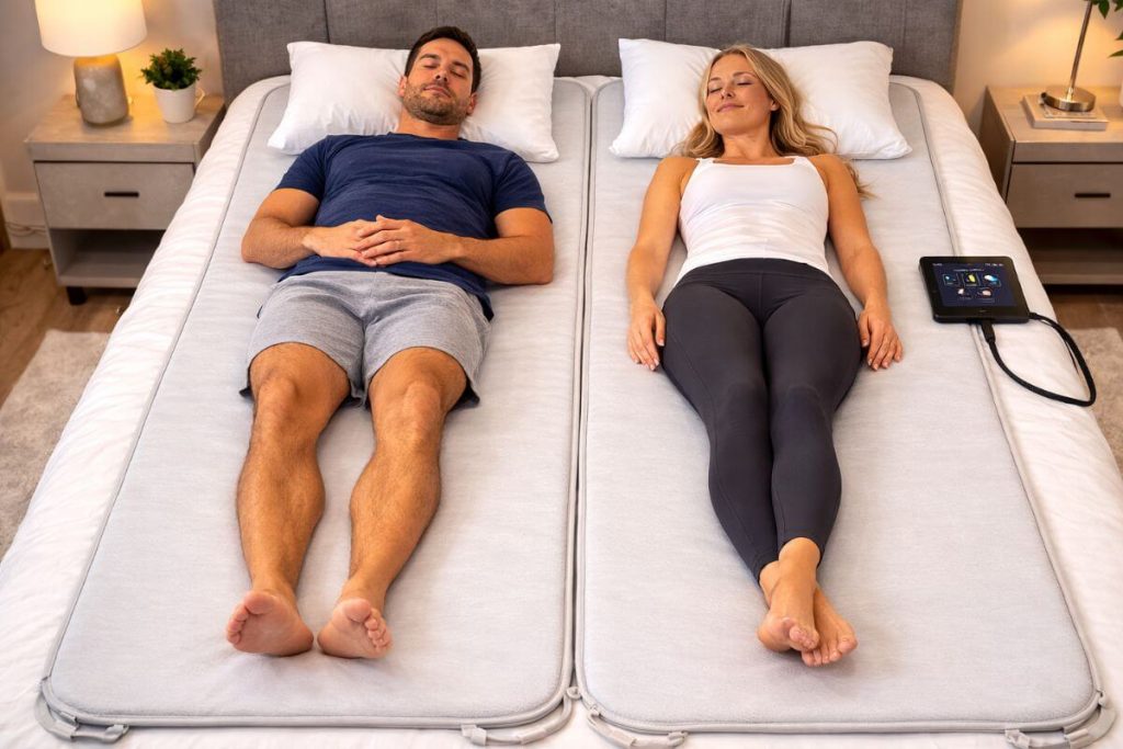 Couple lying on two Smart Pulser PEMF full-body bed mats side-by-side for head-to-toe coverage.