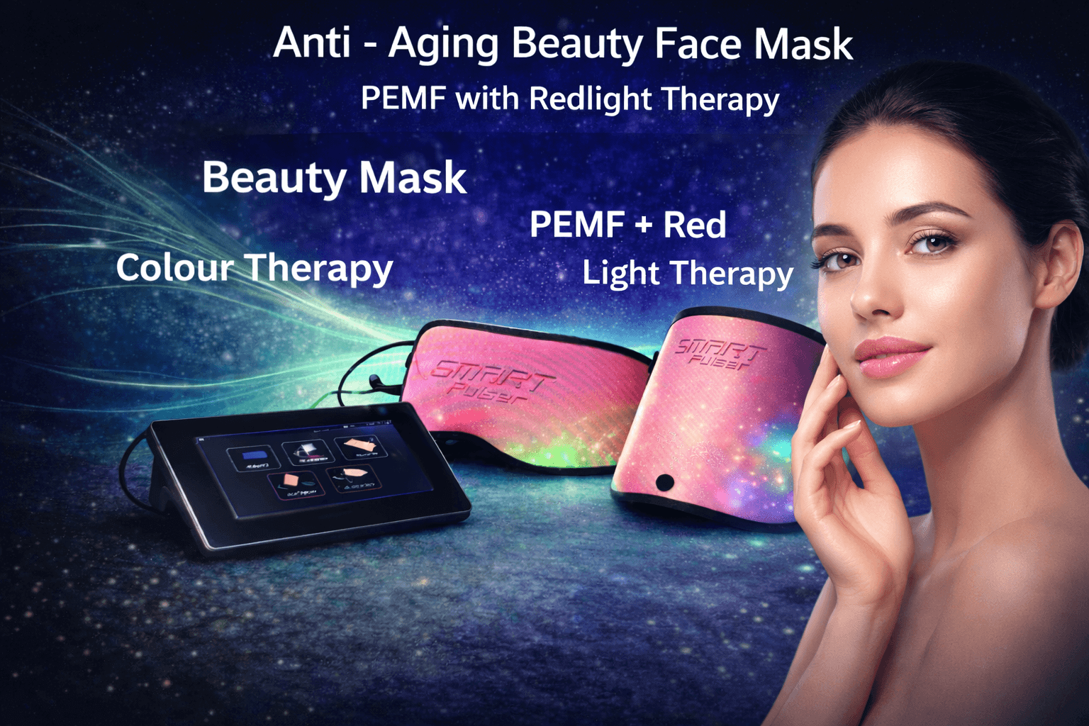 PEMF red light beauty mask with colour therapy and touchscreen controller