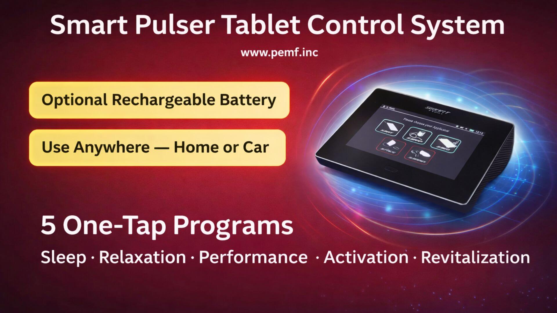 PEMF tablet control system with touchscreen interface for Smart Pulser device