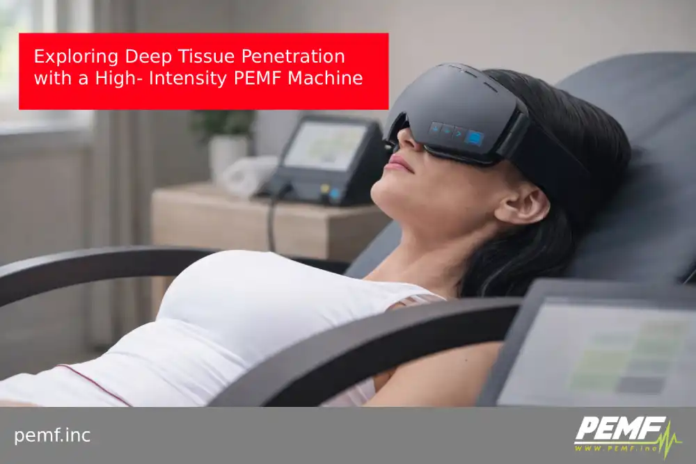 PEMF therapy eye mask device worn by a woman