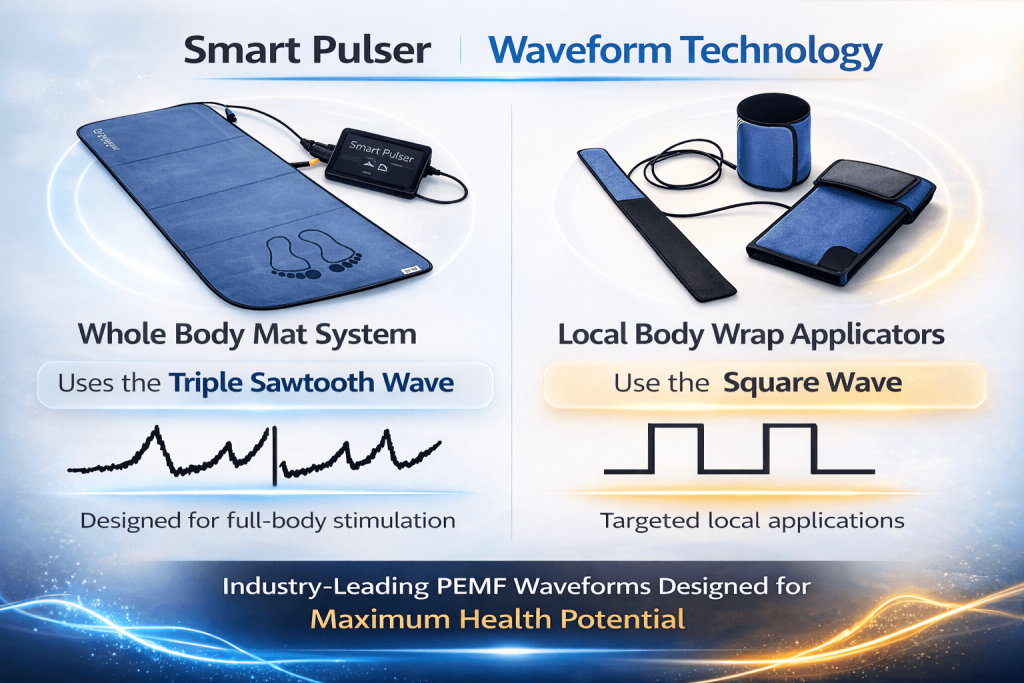 Smart Pulser PEMF waveform technology showing triple sawtooth wave for whole body mat and square wave for body wrap applicators