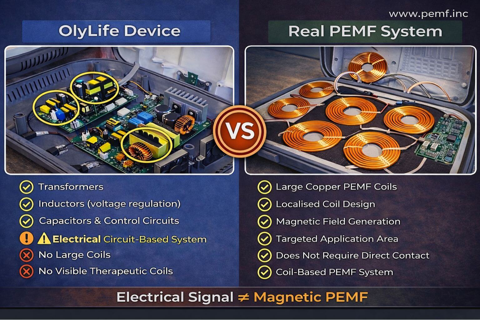 Comparison of OlyLife P90 internal components vs real PEMF coil system design