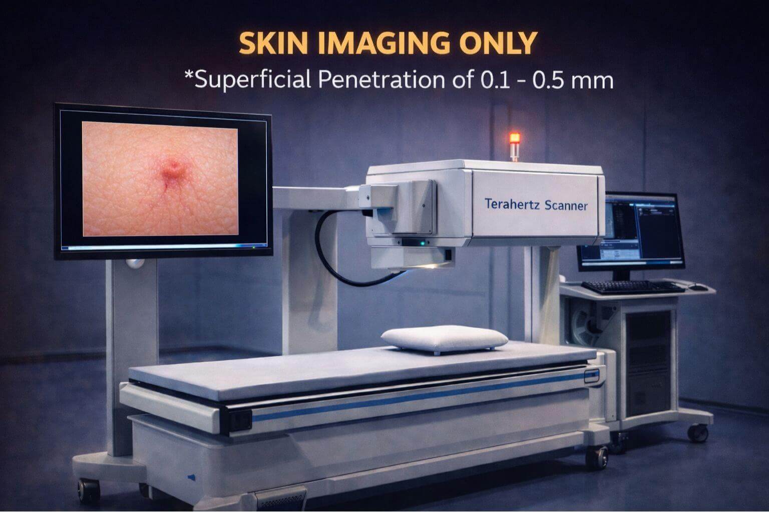 Terahertz imaging system showing skin-level scanning only, not penetrating deeper tissues