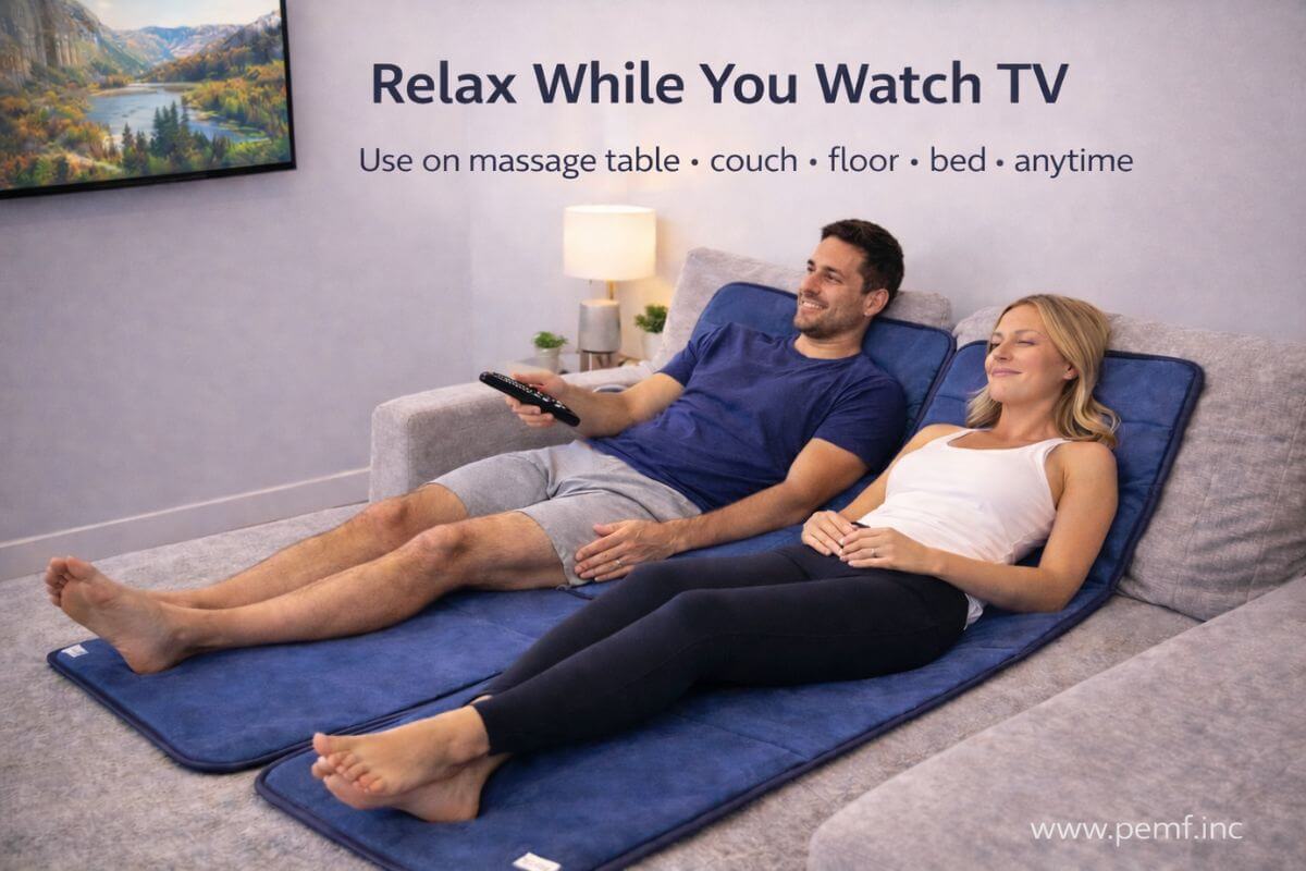 Couple relaxing on a PEMF mat at home using pulsed electromagnetic field wellness device