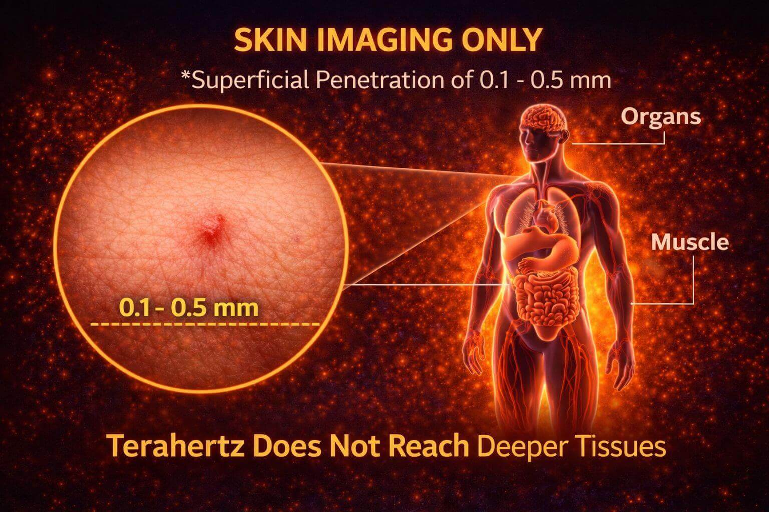 Terahertz penetration depth illustration showing energy limited to surface skin layer only