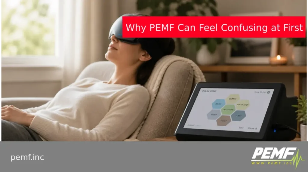 modern PEMF system device placed on a wooden side table beside a relaxed person