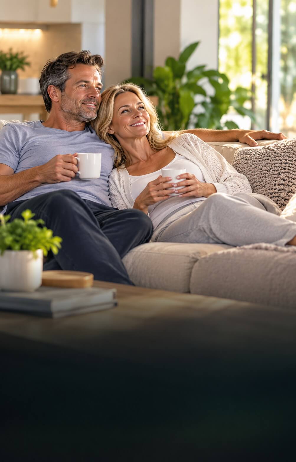 Couple relaxing together on the sofa at home