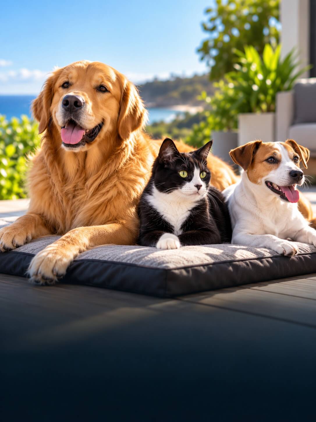 Happy dogs and a cat outdoors