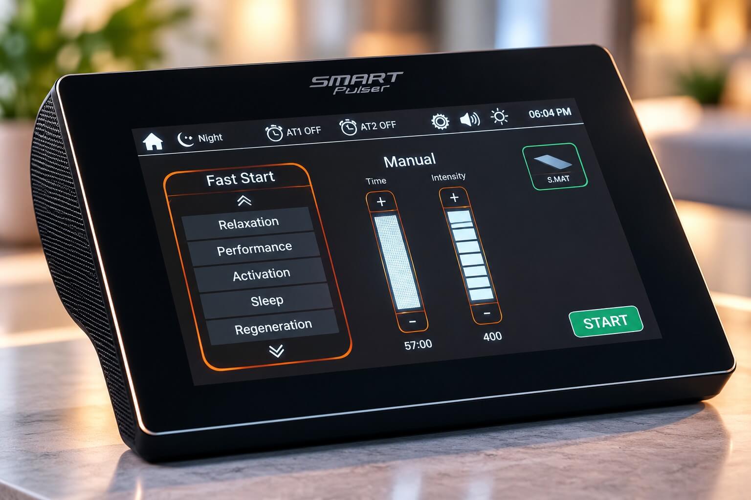 PEMF touchscreen showing Fast Start programs