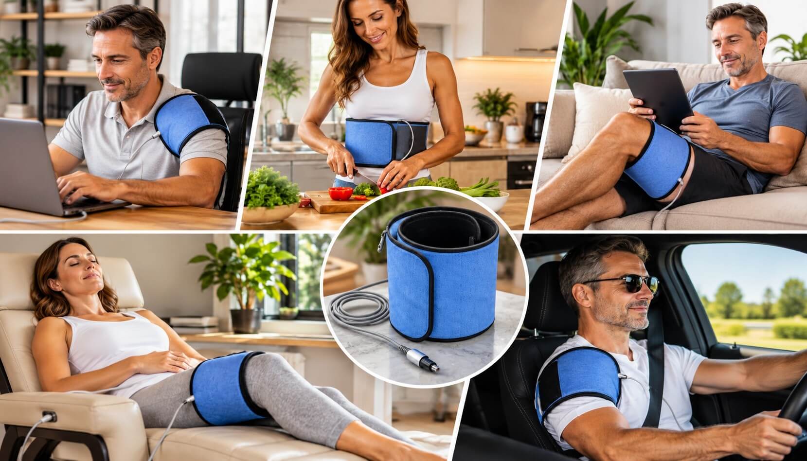 Flexible Smart Pulser PEMF wrap used on the shoulder, knee and stomach during everyday activities, including working, cooking and relaxing.