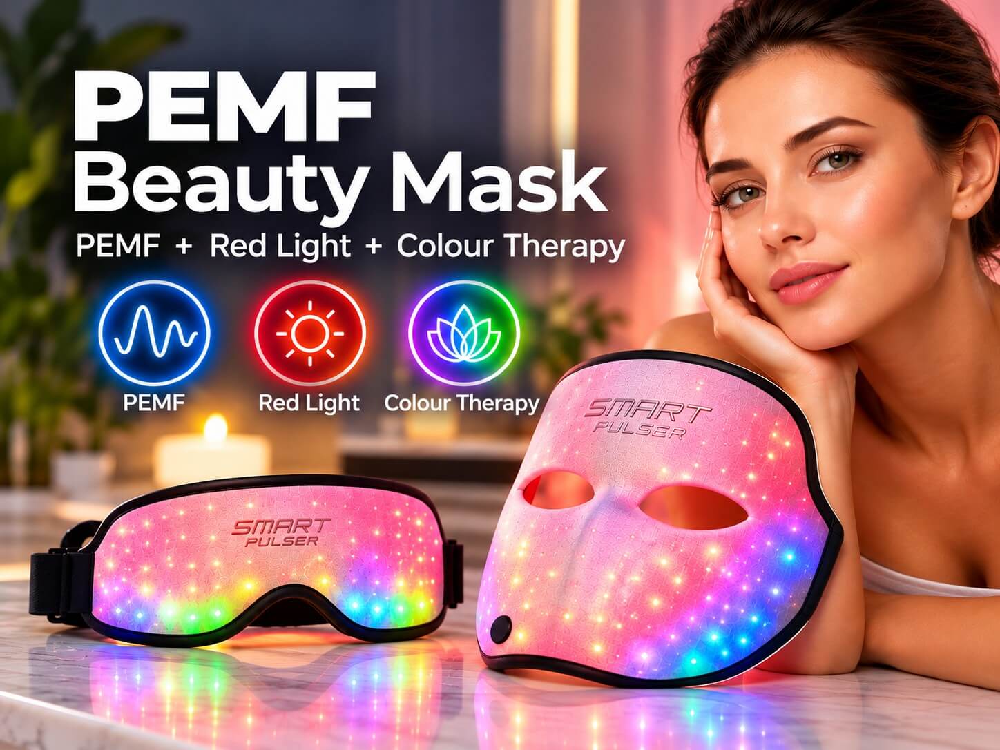 PEMF red light beauty mask with touchscreen controller